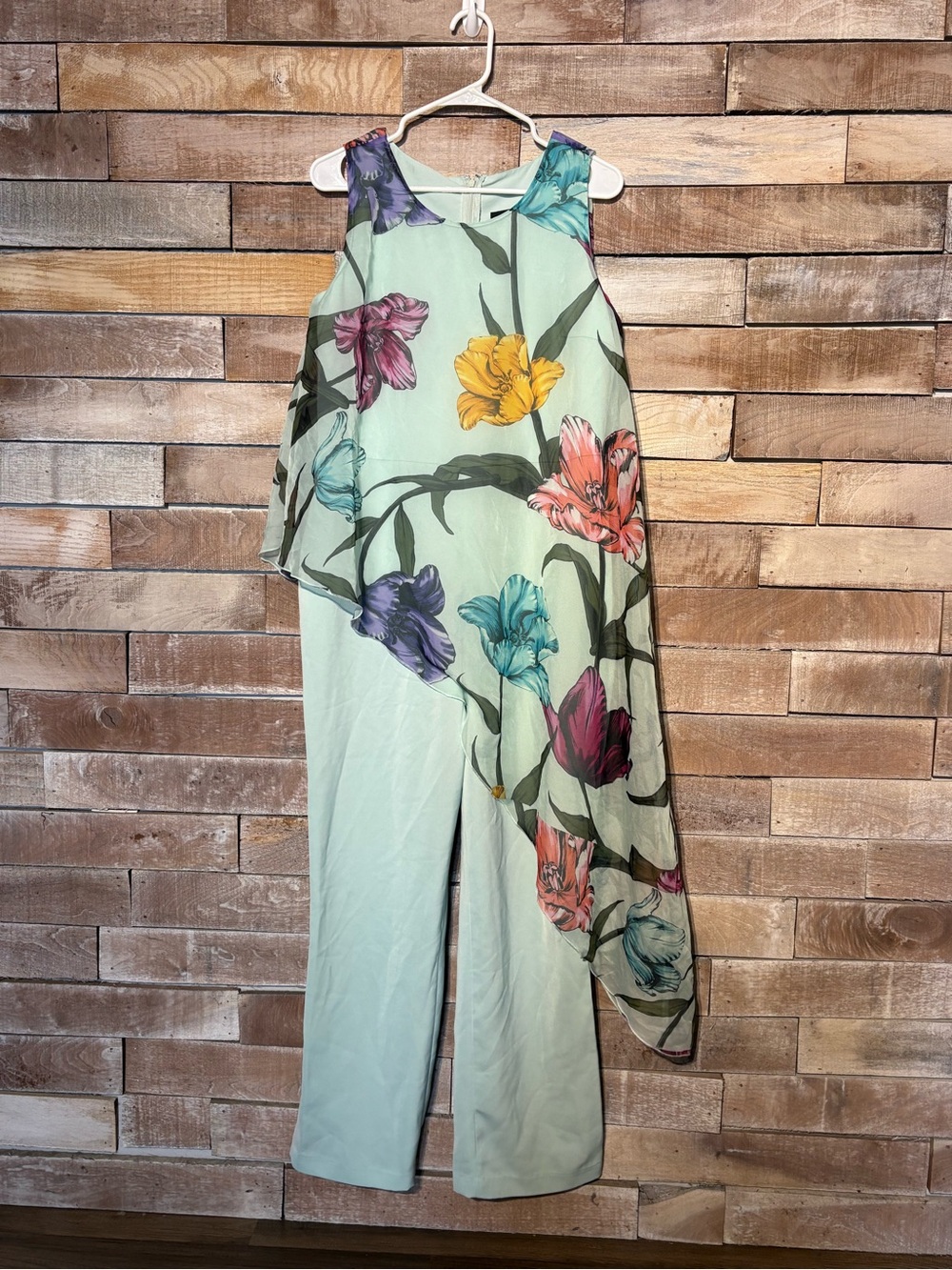 Midnight Velvet Mint Green Floral Overlay Jumpsuit Size M